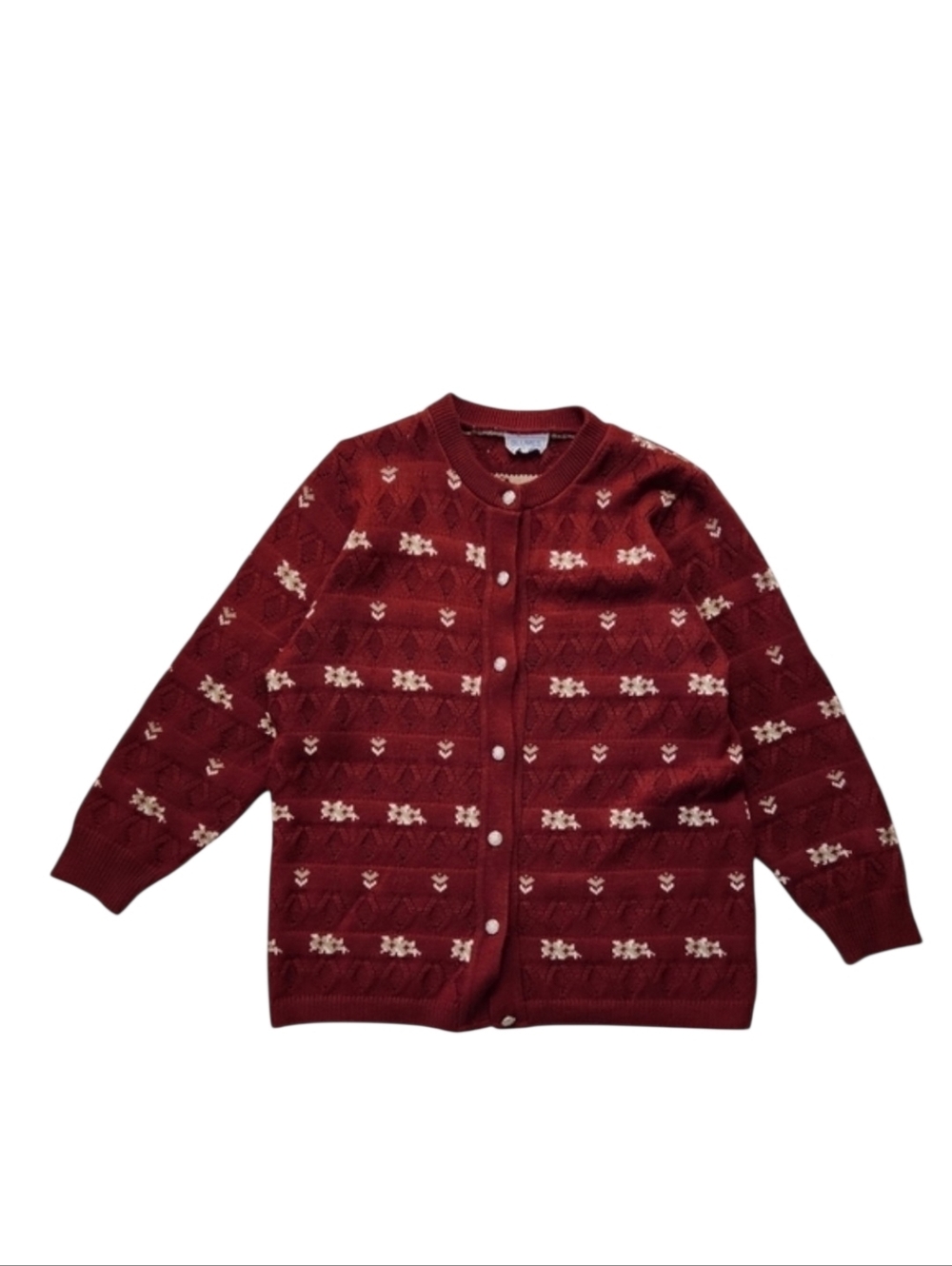 Vintage Cherry Red Fair Isle Button Down Cable Knit‎ Cardigan
